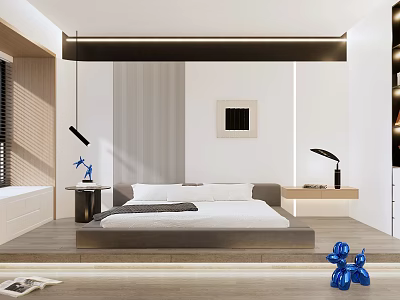 Modern Bedroom Interior With Platform Bed Framed Artwork Pendant Lighting And Wooden Floor 3d model