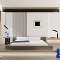 Modern Bedroom Interior With Platform Bed Framed Artwork Pendant Lighting And Wooden Floor