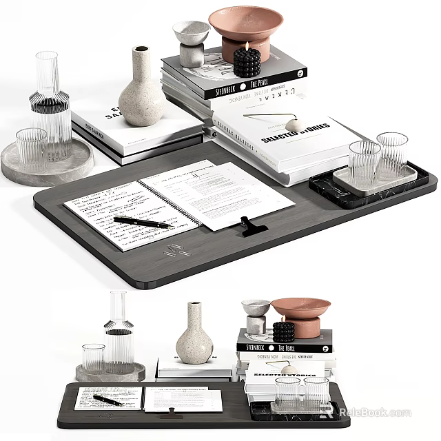 Books And Magazines Stacked On Tray With Decorative Vases And Glass Cups 3d model 