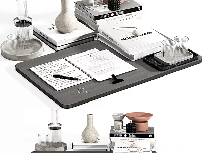 Books And Magazines Stacked On Tray With Decorative Vases And Glass Cups 3d model