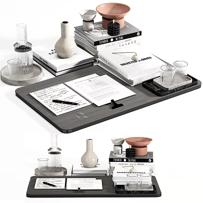 Books And Magazines Stacked On Tray With Decorative Vases And Glass Cups 3d model