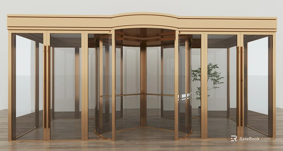 Elegant Golden Frame Revolving Door With Glass Panels And Wooden Floor 3d model 
