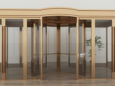Elegant Golden Frame Revolving Door With Glass Panels And Wooden Floor 3d model