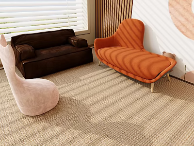 Orange Single Sofa In Modern Living Room With Brown Sofa Pink Chair And Light Carpet 3d model