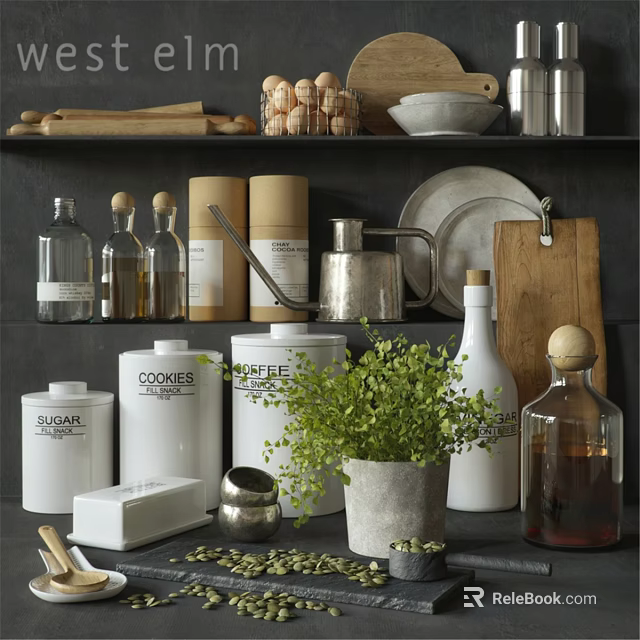 Organized Kitchenware Display With Glass Jars Metal Containers And Wooden Cutting Board On Shelves 3d model 