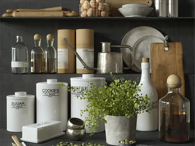 Organized Kitchenware Display With Glass Jars Metal Containers And Wooden Cutting Board On Shelves 3d model