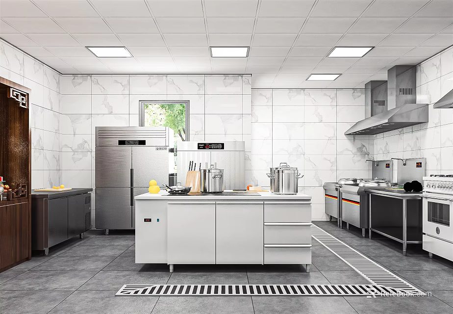 Commercial Kitchen Interior With Stainless Steel Appliances White Tiled Walls And Gray Flooring 3d model 