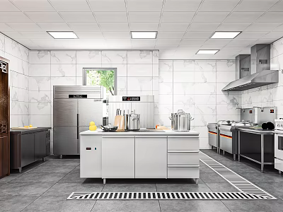 Commercial Kitchen Interior With Stainless Steel Appliances White Tiled Walls And Gray Flooring 3d model