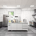 Commercial Kitchen Interior With Stainless Steel Appliances White Tiled Walls And Gray Flooring