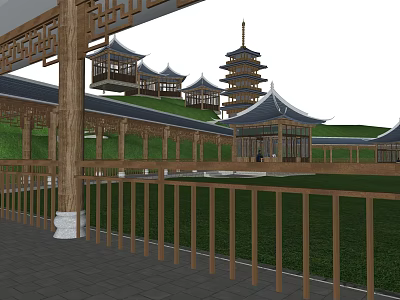 Traditional Chinese Ancient Architecture Featuring Pavilions Tower Overhanging Eaves And Wooden Railing 3d model