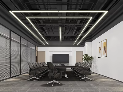 Modern Conference Room With Rows of Chairs Large Table Glass Partitions Screen And Ceiling Lights 3d model