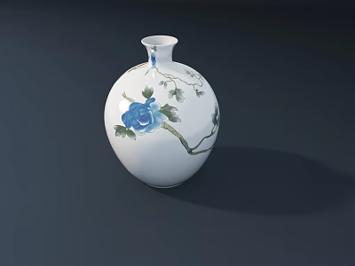 White Ceramic Vase With Blue Flower Green Leaves And Round Body Design 3d model