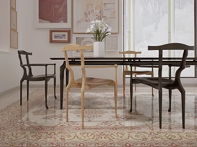 Elegant Dining Table Set With Black And Light Wood Chairs Vase White Flowers 3d model
