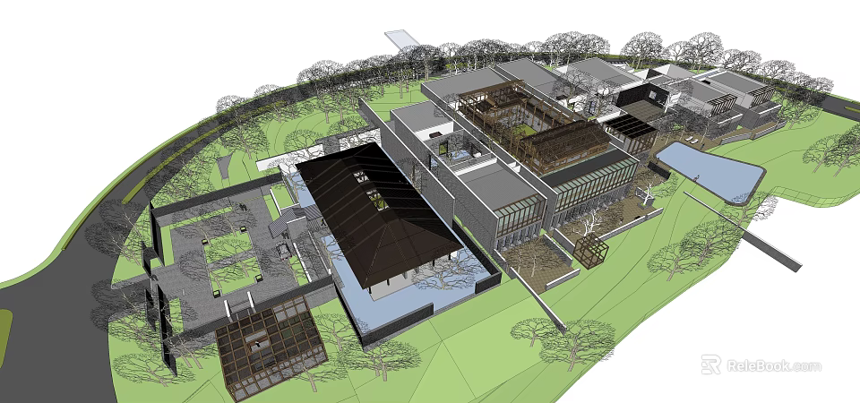 Modern Architectural Complex With Diverse Roof Designs Green Spaces And Trees 3d model 