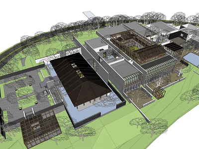 Modern Architectural Complex With Diverse Roof Designs Green Spaces And Trees 3d model