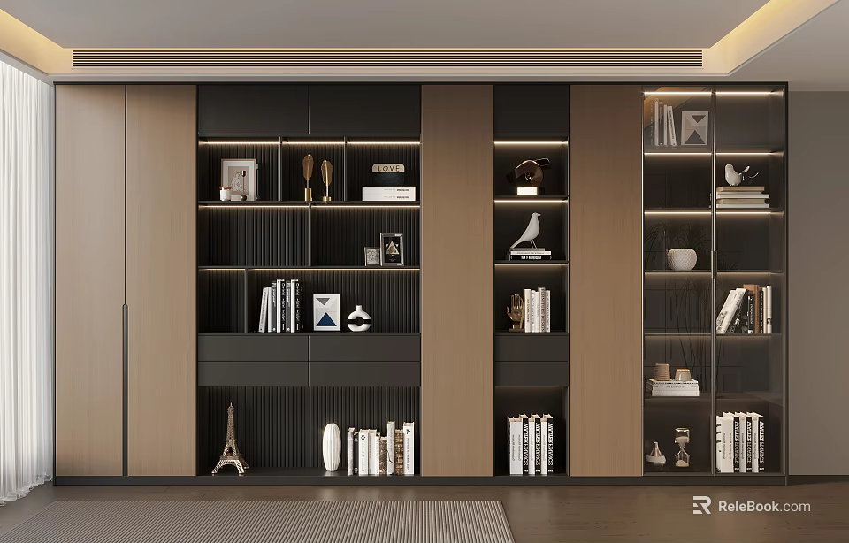 Modern Wooden Bookcase With Black And Wood Tone Design And Decorative Items 3d model 