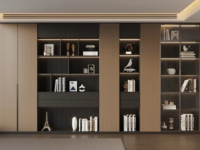 Modern Wooden Bookcase With Black And Wood Tone Design And Decorative Items 3d model