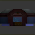 Cartoon Scene Indoor Space With Blue Walls Red Stripes Ceiling Light And Central Hexagonal Object