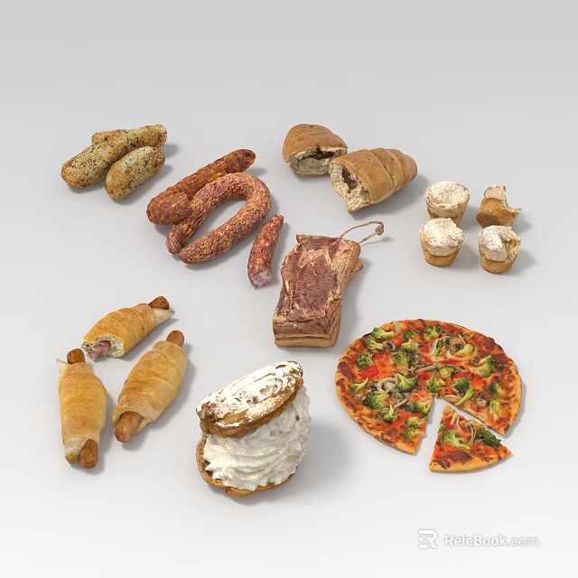 Delicious Assorted Food Selection With Sausages Croissants Steak Pizza Cupcakes Puff Pastries And Cream Cake 3d model 
