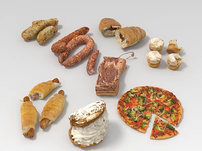 Delicious Assorted Food Selection With Sausages Croissants Steak Pizza Cupcakes Puff Pastries And Cream Cake 3d model