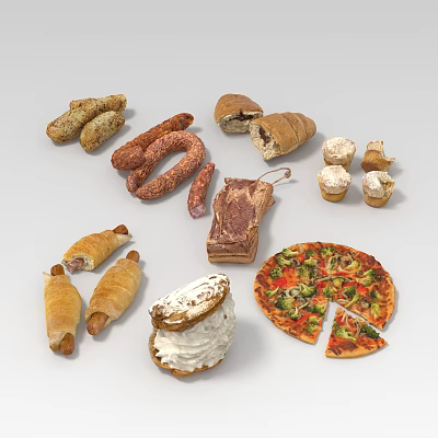 Delicious Assorted Food Selection With Sausages Croissants Steak Pizza Cupcakes Puff Pastries And Cream Cake 3d model