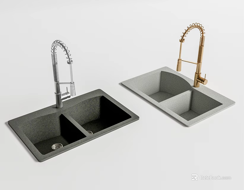Kitchen Sink Double Bowl Design With Chrome And Gold Pull Down Faucets 3d model