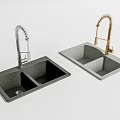 Kitchen Sink Double Bowl Design With Chrome And Gold Pull Down Faucets 3d model