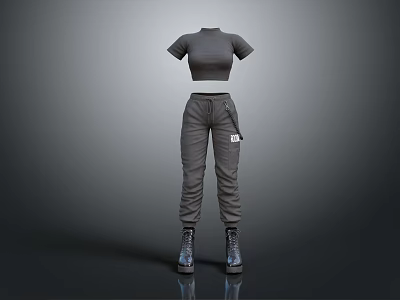 Stylish Cropped Gray T shirt With Gray Cargo Pants And Black Boots 3d model
