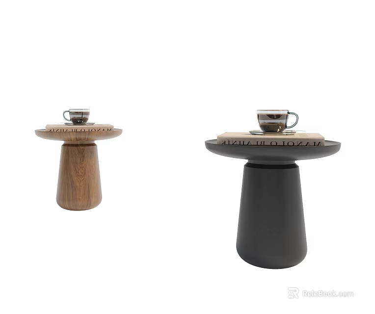 Modern Side Tables With Wooden And Black Bases Round Tops Coffee Cup And Book 3d model 