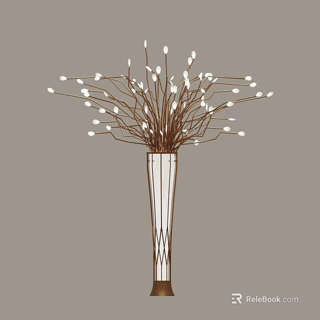 Minimalist White Striped Vase With Brown Stems And White Floral Buds 3d model 