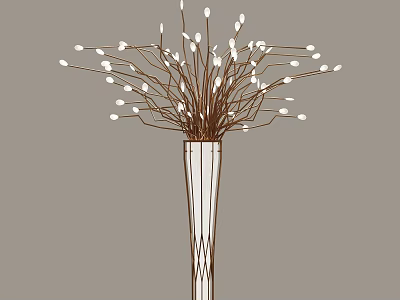 Minimalist White Striped Vase With Brown Stems And White Floral Buds 3d model