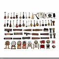 Various Musical Instruments And Art Supplies Collection With Strings Drums Brushes 3d model
