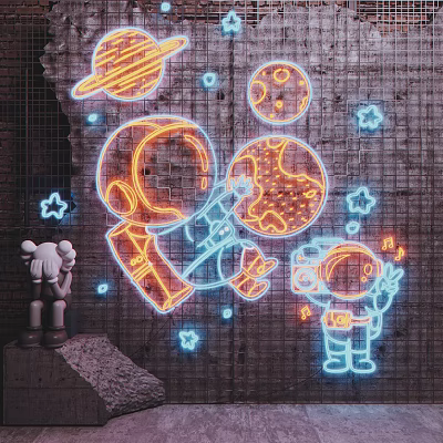 Neon Decorative Lights Featuring Astronaut Planets And Stars On Brick Wall With Small Statue 3d model