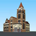 Historic Building Exterior With Red Brick Walls Spire Tower Clock And Arched Windows