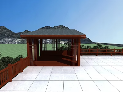 Garden Landscape Featuring Wooden Pavilion Black Roof White Tiled Platform Green Lawn And Distant Mountains 3d model