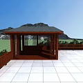 Garden Landscape Featuring Wooden Pavilion Black Roof White Tiled Platform Green Lawn And Distant Mountains