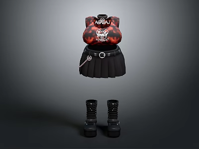 Red Skull Print Top With Black Pleated Skirt And Gothic Style Boots 3d model