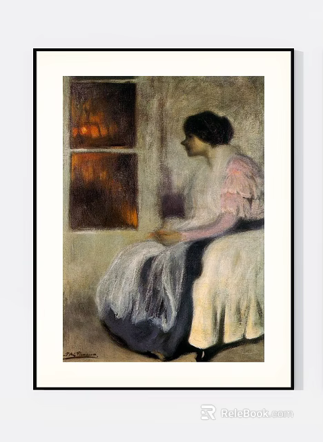 Figure Painting of a Woman Sitting by Window with Warm Light and Soft Flowing Dress 3d model 