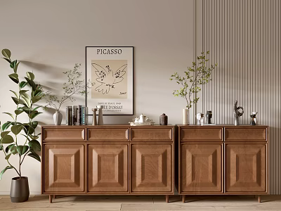 Elegant Wooden Entryway Cabinet And Side Cabinet With Decorative Artwork Plants And Ornaments 3d model
