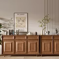 Elegant Wooden Entryway Cabinet And Side Cabinet With Decorative Artwork Plants And Ornaments