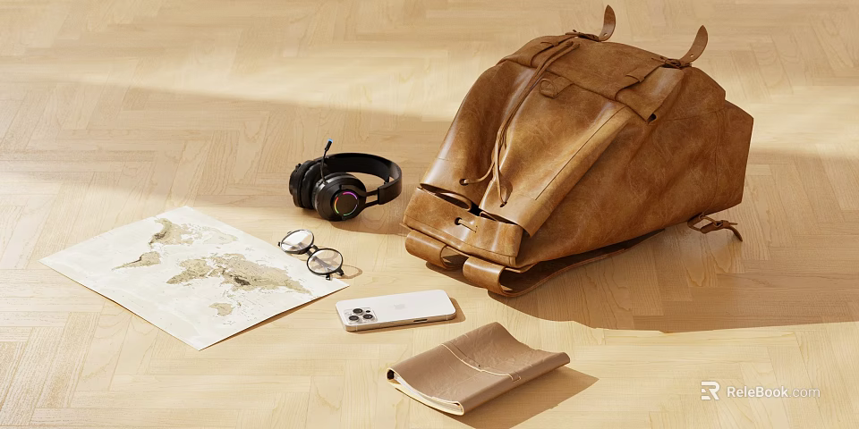 Everyday Life Essentials Including Leather Backpack Headphones Map Glasses Smartphone And Notebook 3d model