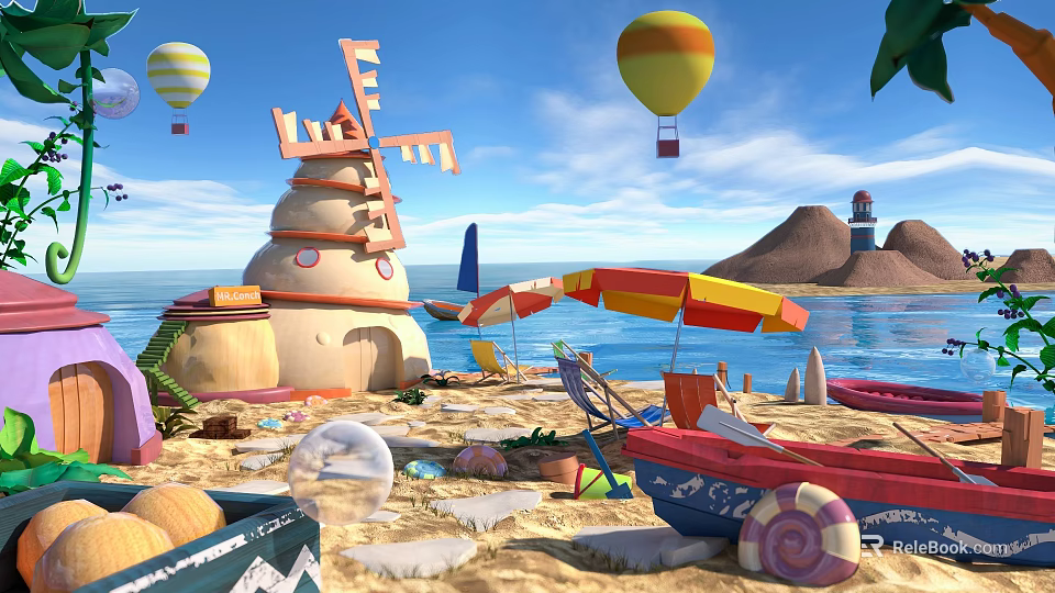 Scenic Sandy Beach Landscape With Windmill Hot Air Balloons Umbrellas Lighthouse And Blue Sky 3d model 