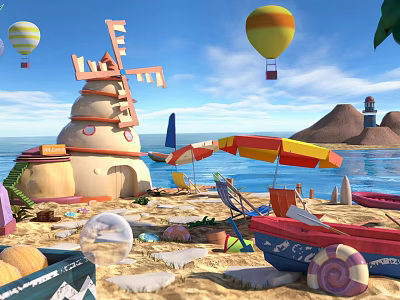 Scenic Sandy Beach Landscape With Windmill Hot Air Balloons Umbrellas Lighthouse And Blue Sky 3d model