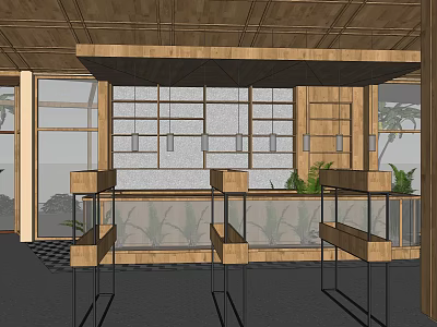Modern Restaurant Interior With Wooden Structure Glass Windows Seating And Green Plants 3d model