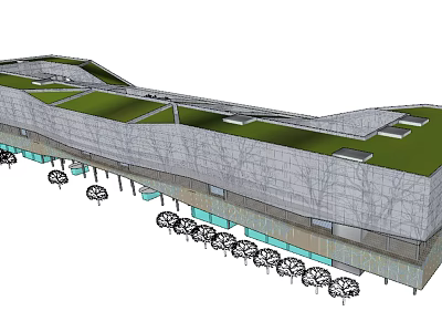 Modern Office Building With Green Roof Glass Facade And Surrounding Trees 3d model