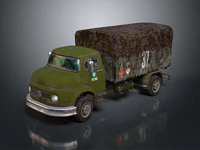 Green Military Cargo Truck with Camouflage Cover and Number 31 on Side Blue Circular Sticker 3d model