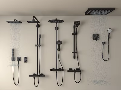 Different Modern Shower Head Styles With Overhead Handheld And Wall Mounted Designs And Black Finish 3d model
