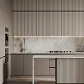 Modern Kitchen Interior With Gray Striped Cabinets Marble Island And Built In Appliances
