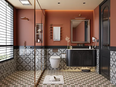 Other Bathroom Interior Design With Red Walls Geometric Pattern Tiles Glass Shower And Black Vanity 3d model
