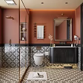 Other Bathroom Interior Design With Red Walls Geometric Pattern Tiles Glass Shower And Black Vanity